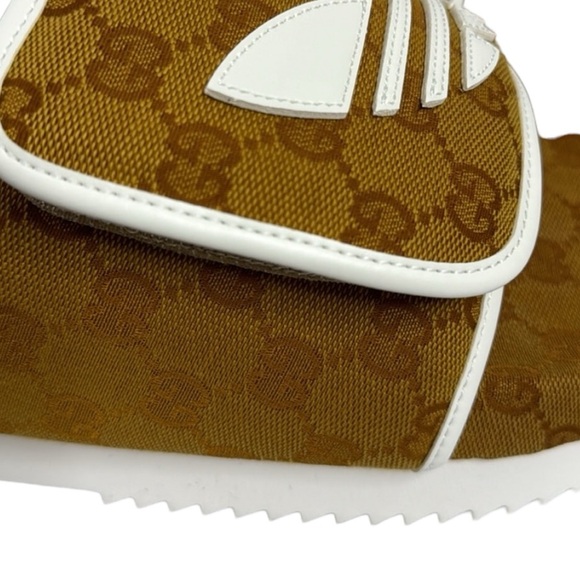 GUCCI NWT TAN BROWN WHITE MEN’S ADIDAS SLIDE SANDALS SIZE 11 MADE IN ITALY - Picture 2 of 11